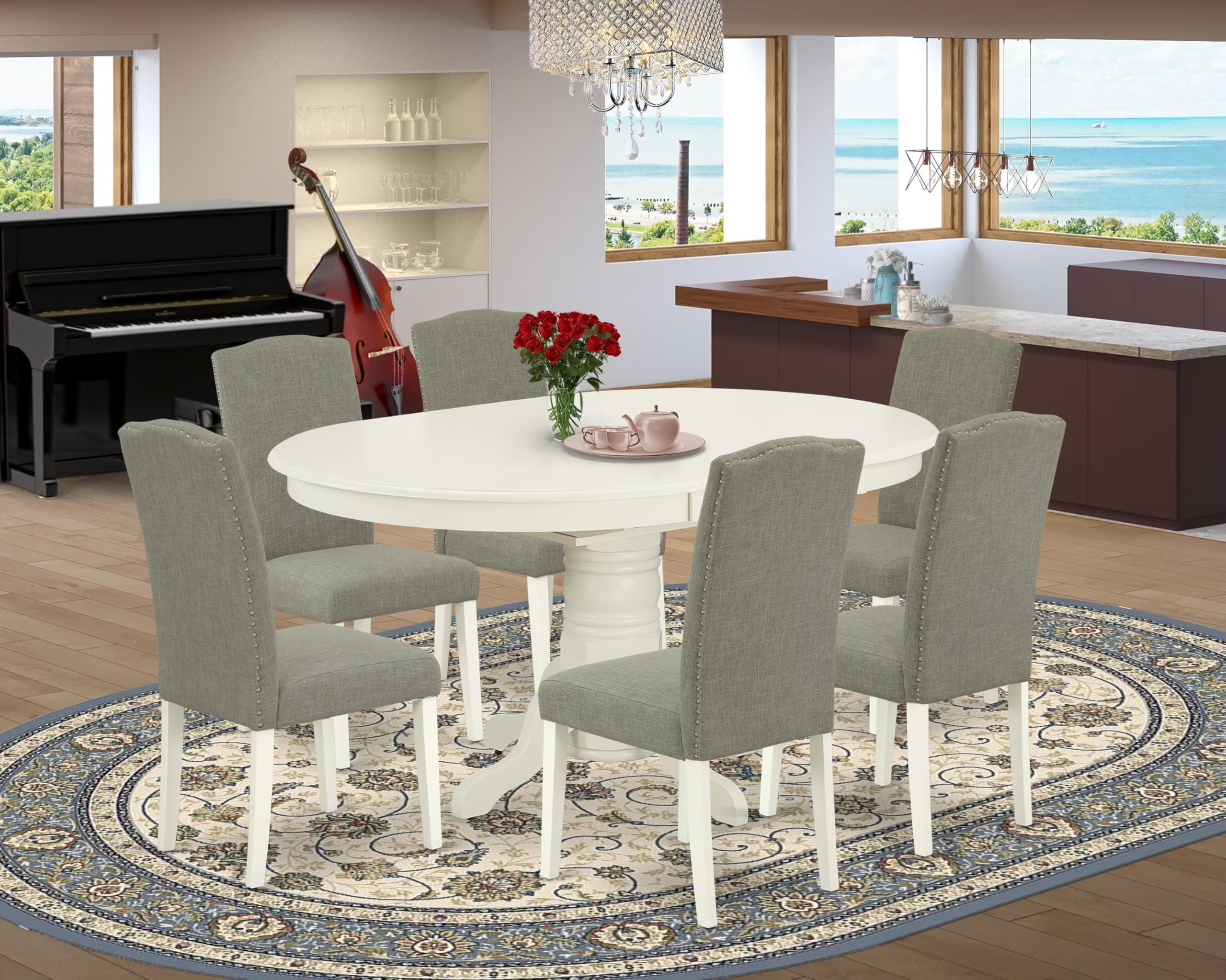 East West Furniture Aven7-Lwh-06 7 Piece Kitchen Table Set Consist Of An Oval Dining Table With Butterfly Leaf And 6 Dark Shitake Linen Fabric Parson Chairs, 42X60 Inch, Linen White